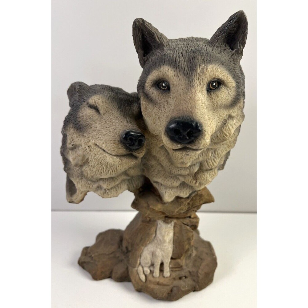 AGG Design Two Wolf Heads Statues On Rock Resin Vintage Bust 8.5” DA04